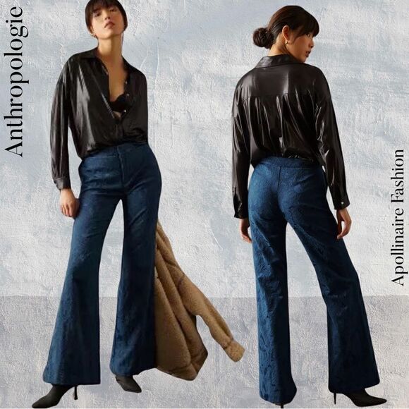 ANTHROPOLOGIE DAMASK JACQUARD FLARE PANTS IN NAVY SIZE 10 NWOT - Picture 1 of 8
